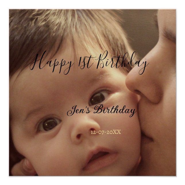 Poster Joyeux 1er anniversaire nom photo date stylé calli (Devant)