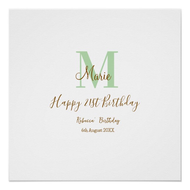 Poster Joyeux 21e Anniversaire vert ajouter nom monogramm (Devant)