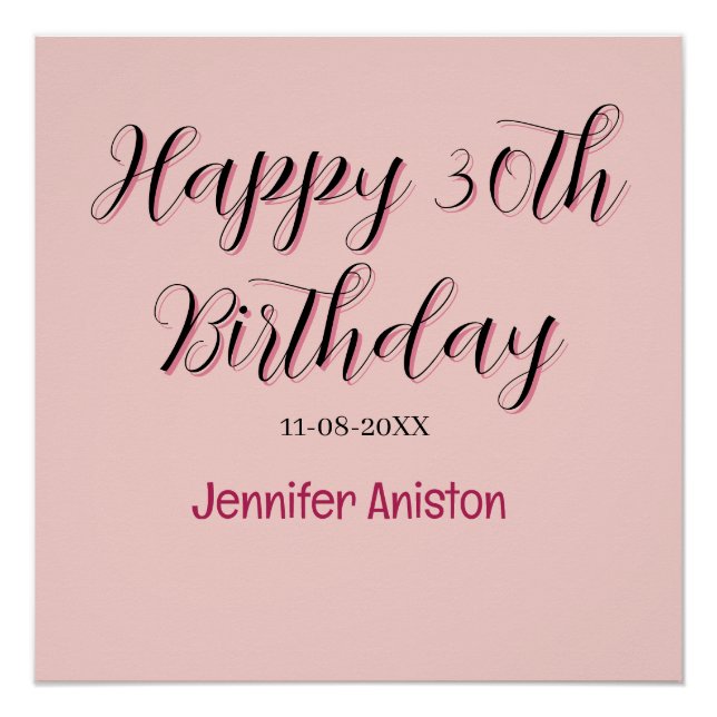Poster Joyeux 30e anniversaire nom date élégant simple  (Devant)