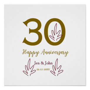 Poster Joyeux 30e anniversaire nom date feuille rouge dor