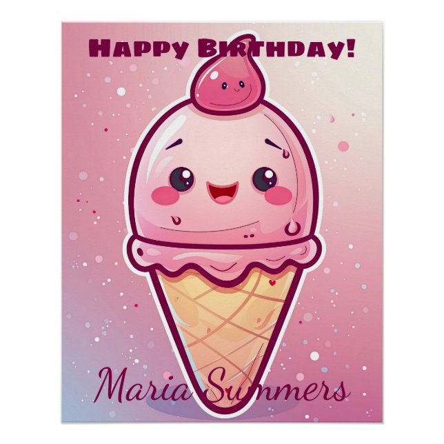 Poster Joyeux Anniversaire Cherry Glace Kawaii Dessin Ani (Devant)