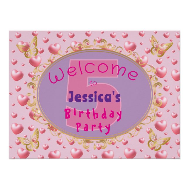 Poster Joyeux anniversaire coeurs roses  (Devant)