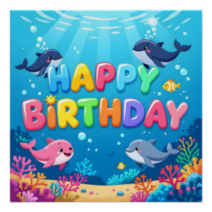 Poster Joyeux anniversaire dauphin nautique mignon
