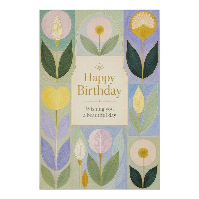 Poster Joyeux Anniversaire Fleurs Botaniques Modernes en  (Devant)