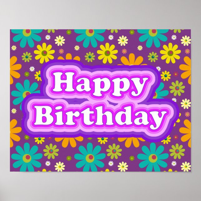 Poster Joyeux Anniversaire Fleurs Hippie (Devant)