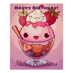 Poster Joyeux Anniversaire Glace à la Fraise Kawaii