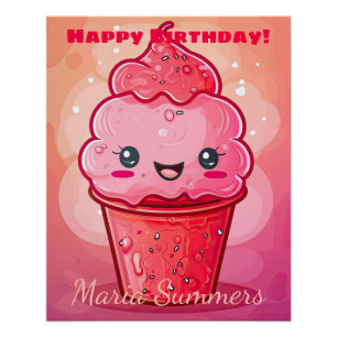 Poster Joyeux Anniversaire Glace Italienne Kawaii Cartoon