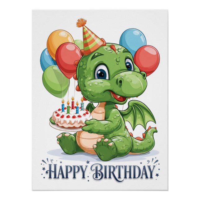 Poster "Joyeux Anniversaire" Joli Dragon Vert de Dessin A (Devant)