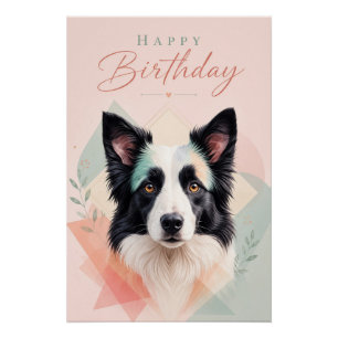 Poster Joyeux Anniversaire Portrait de Chien Noir Blanc A