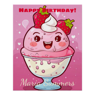Poster Joyeux Anniversaire Sorbet Glace Kawaii Dessin Ani