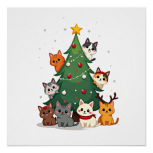 Poster Joyeux Cat Noël Arbre de Noël Drôle, Chats Xmas Mi