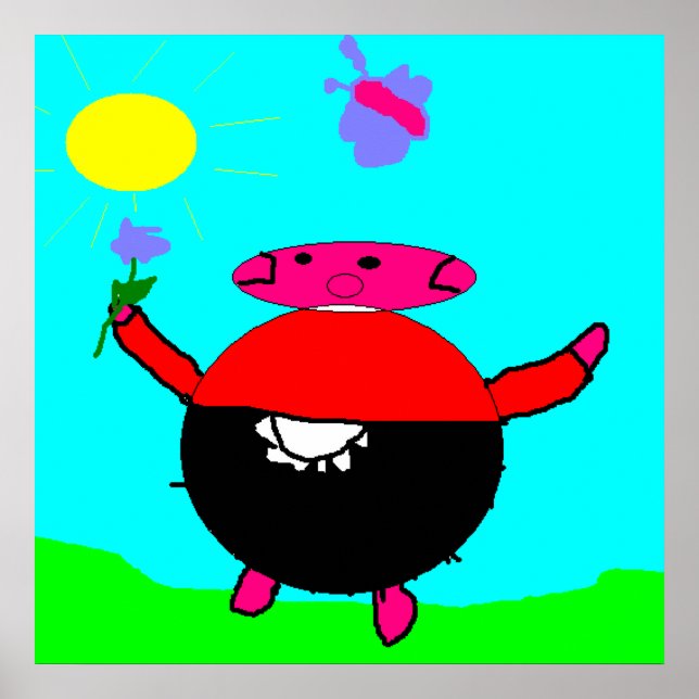 Poster Joyeux Cochon rose avec Fleur Soleil et Papillon K (Devant)