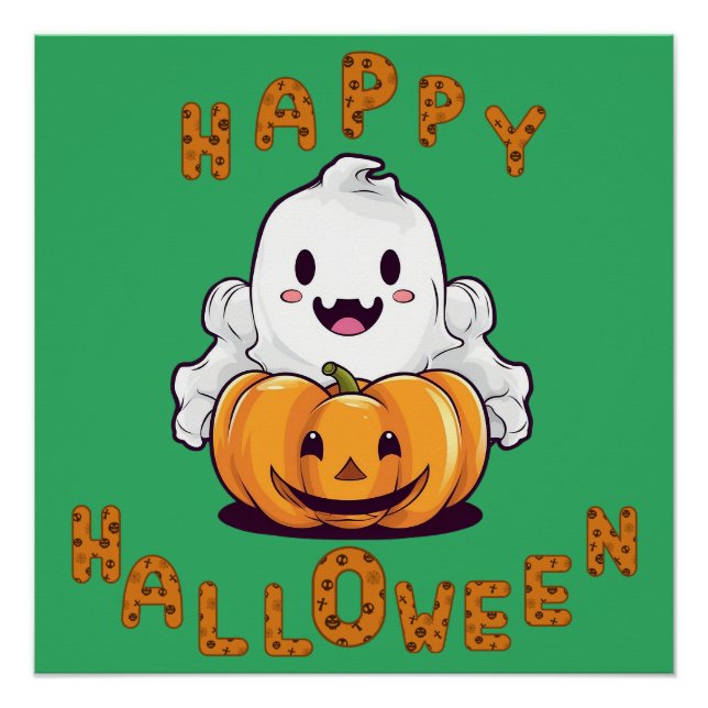 Poster Joyeux fantôme d'Halloween assis sur un citrouille (Devant)