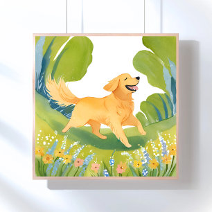 Poster Joyeux Golden Retriever Peinture aquarelle légèr