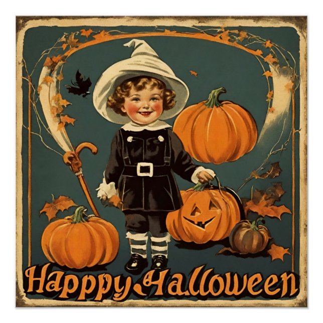 Poster Joyeux Halloween Vintage enfant et Citrouilles (Devant)