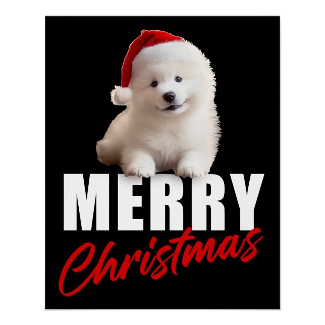 Poster Joyeux Noël Adorable chiot Samoyède avec chapeau d (Devant)