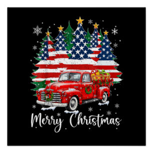Poster Joyeux Noël Camion Rouge Vintage Drapeau Américain