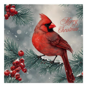 Poster Joyeux Noël Cardinal Rouge et Berries