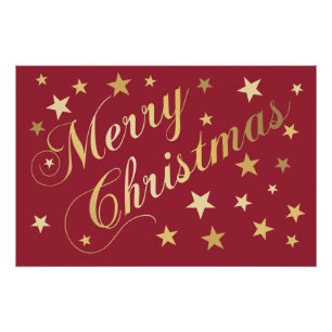 Poster Joyeux Noël Écriture Élégante Étoiles Dorées Rouge