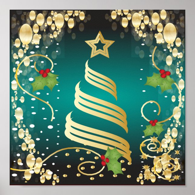 Poster Joyeux Noël Festif Turquoise Bleu et Or (Devant)