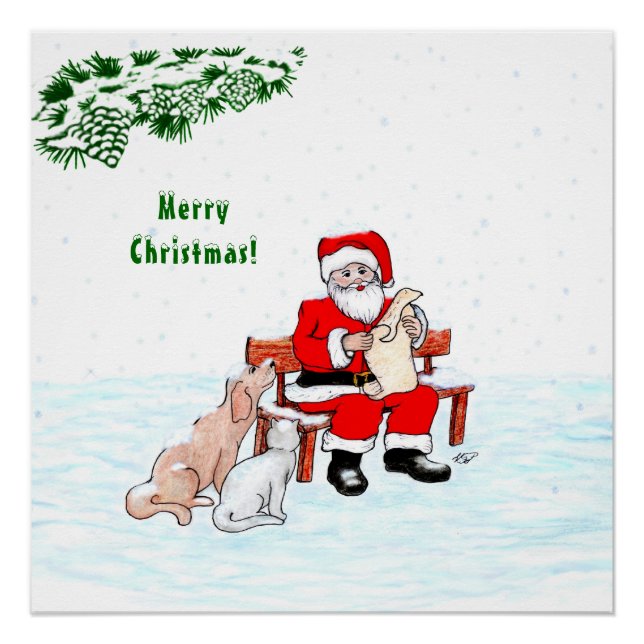 Poster Joyeux Noël! Père Noël avec chat et chien (Devant)