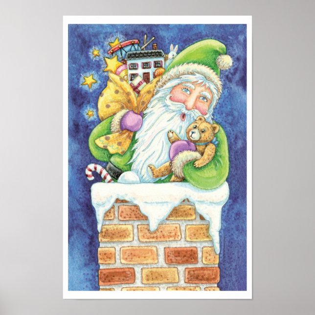 Poster Joyeux Noël, Père Noël dans la cheminée avec des j (Devant)