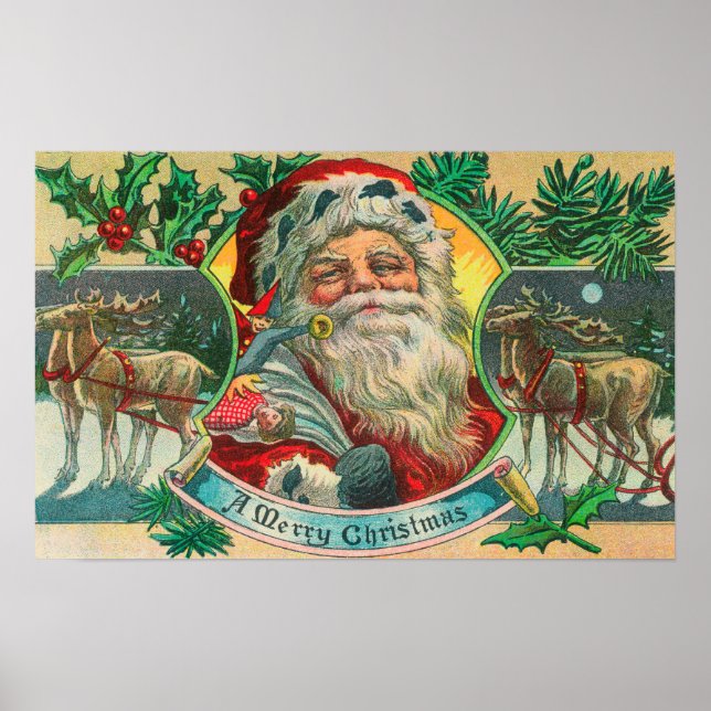 Poster Joyeux Noël Père Noël et Rennes (Devant)