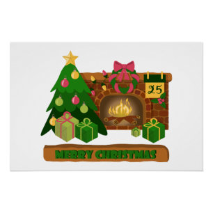 Poster Joyeux Noël près de la cheminée bonfire xmas arbre
