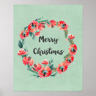 Poster Joyeux Noël Rouge Floral Aquarelle Wreath