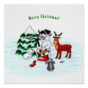 Poster Joyeux Noël ! Snowman avec amis