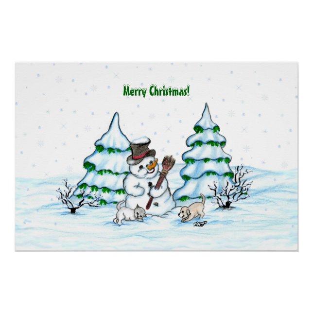 Poster Joyeux Noël ! Snowman avec chat et chiot (Devant)