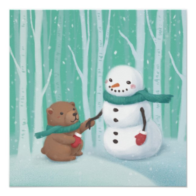 Poster Joyeux Noël : Snowman & Ours Illustration Art (Devant)