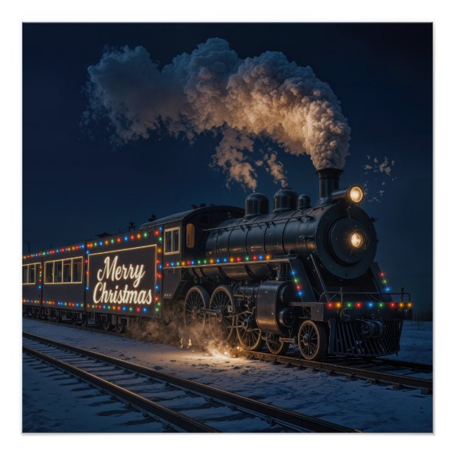 Poster Joyeux Noël Train Vintage Dans La Neige (Devant)