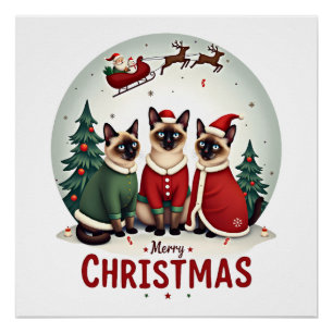 Poster Joyeux Noël Trois Santa Elf Renne Siamois C