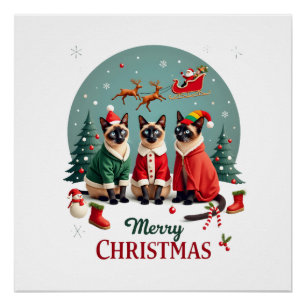 Poster Joyeux Noël Trois Santa Elfe Renne Siamois C