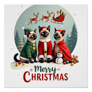 Poster Joyeux Noël Trois Santa Elfe Renne Siamois C