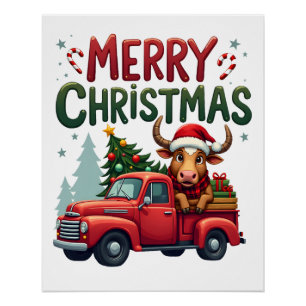 Poster Joyeux Noël Vache des Highlands Écossaise Ferme Xm