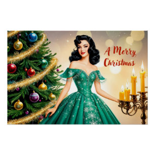 Poster Joyeux Noël Vintage dame aux bougies