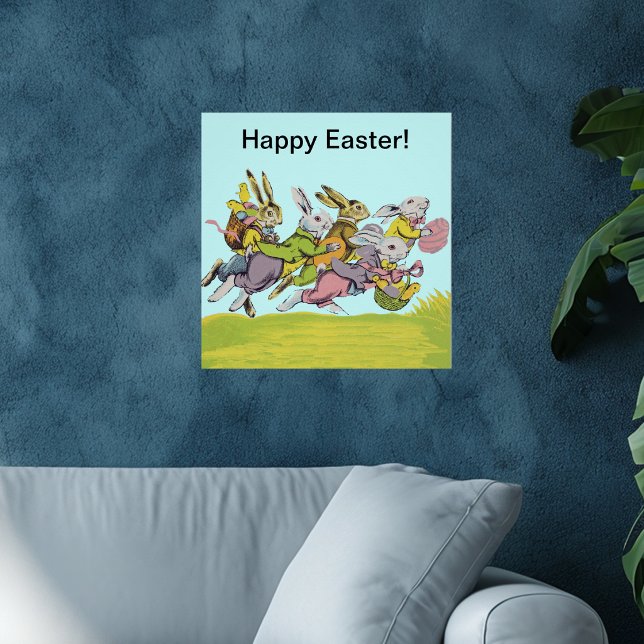 Poster Joyeux Pâques courir les lapins Pastel (Group Easter Bunnies running in grass with colourful clothing, eggs, baskets blue sky on Wall poster)