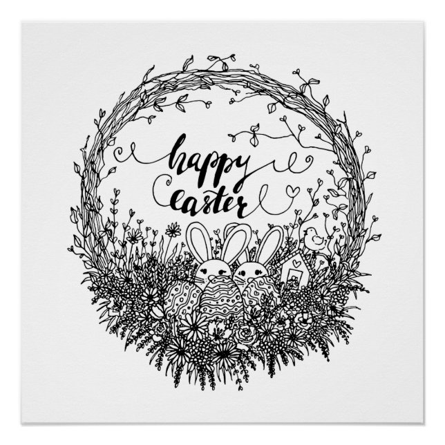 Poster Joyeux Pâques Floral Wreath Art (Devant)