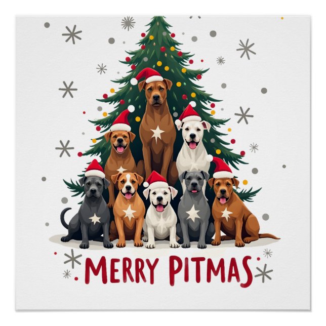 Poster Joyeux Pitmas Pitbull Chien Pull de Noël Laid Arbr (Devant)