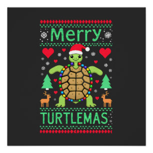 Poster Joyeux Turtlemas Lumières de Noël Tortue Mignonne 