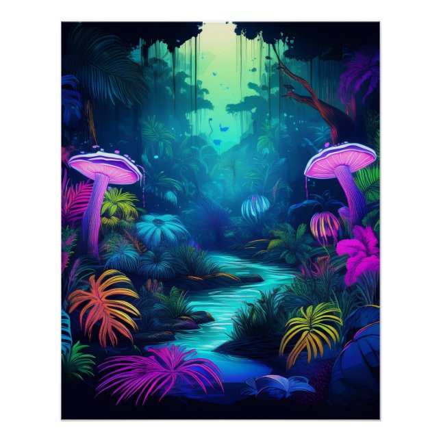Poster Jungle de néon avec champignons et Plantes (Devant)