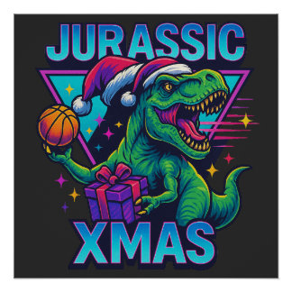 Poster Jurassic Xmas T-Rex - Retro 80s Neon Dinosaur Xmas