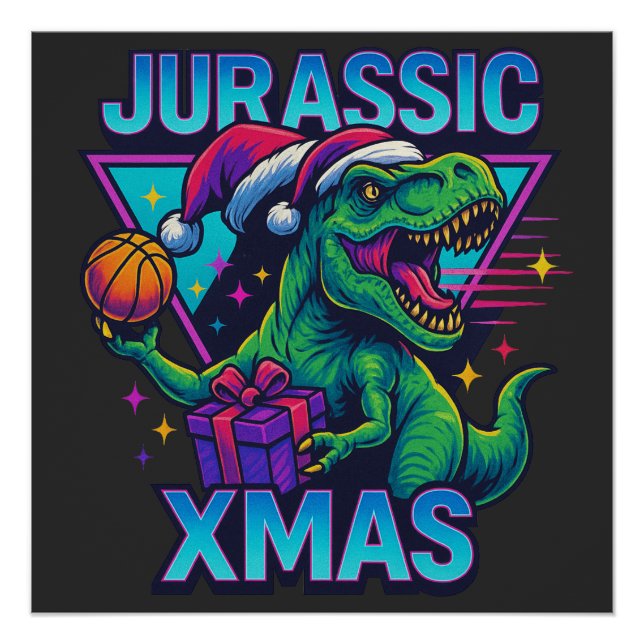 Poster Jurassic Xmas T-Rex - Retro 80s Neon Dinosaur Xmas (Devant)