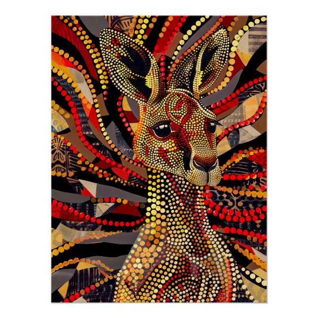 Poster Kangaroo rouge en style Art aborigène (Devant)