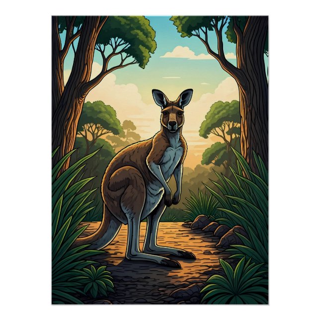 Poster Kangourou dans une forêt ensoleillée (Devant)
