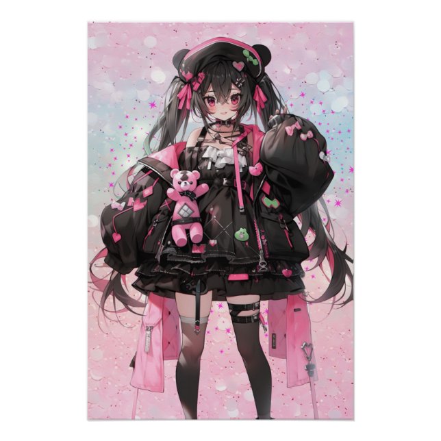 Poster Kawaii Anime Girl en Robe rose et noire (Devant)