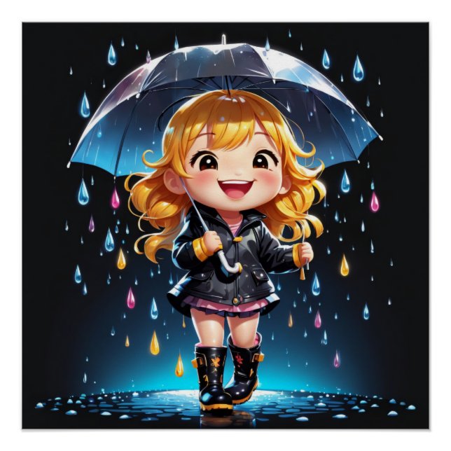 Poster Kawaii Chibi Girl in a Joyful Rainy Day (Devant)