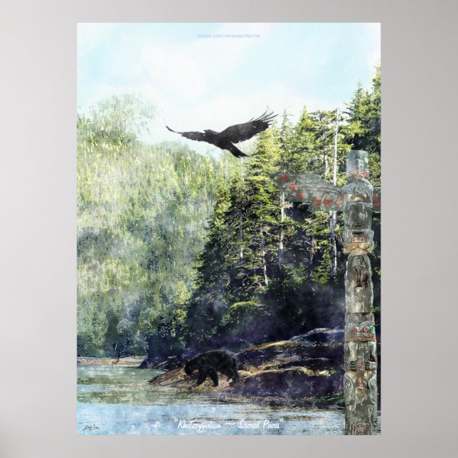 Poster Khutzeymateen Wildlife & Totem Watercolor Art (Devant)
